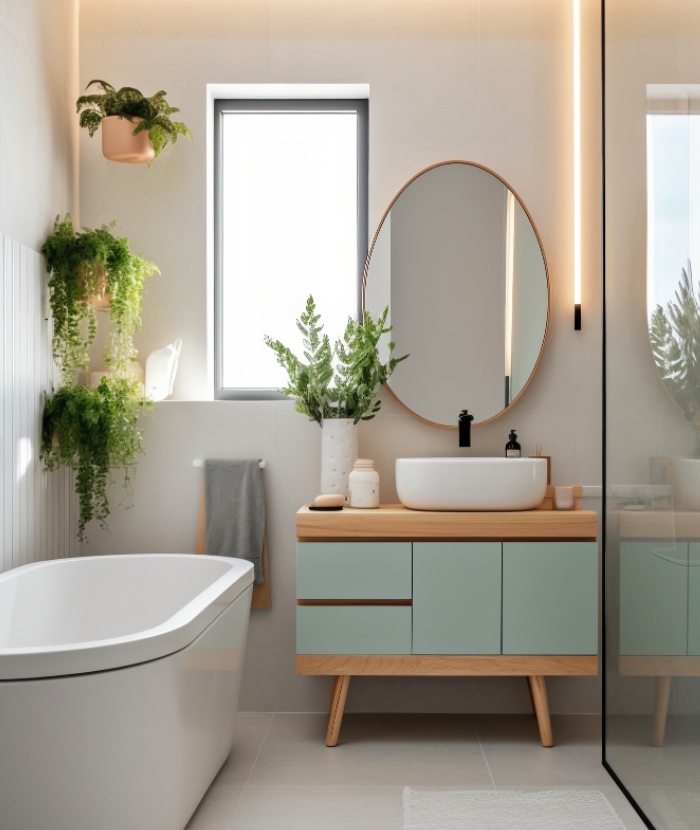 Salle de bain lumineuse avec baignoire, miroir rond et plantes, rénovation sur mesure Griffon Multiservices