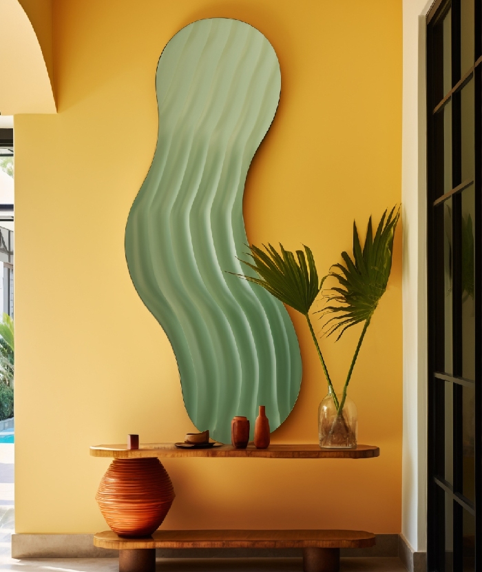 Mur jaune peint avec soin et décoration design moderne, réalisation.